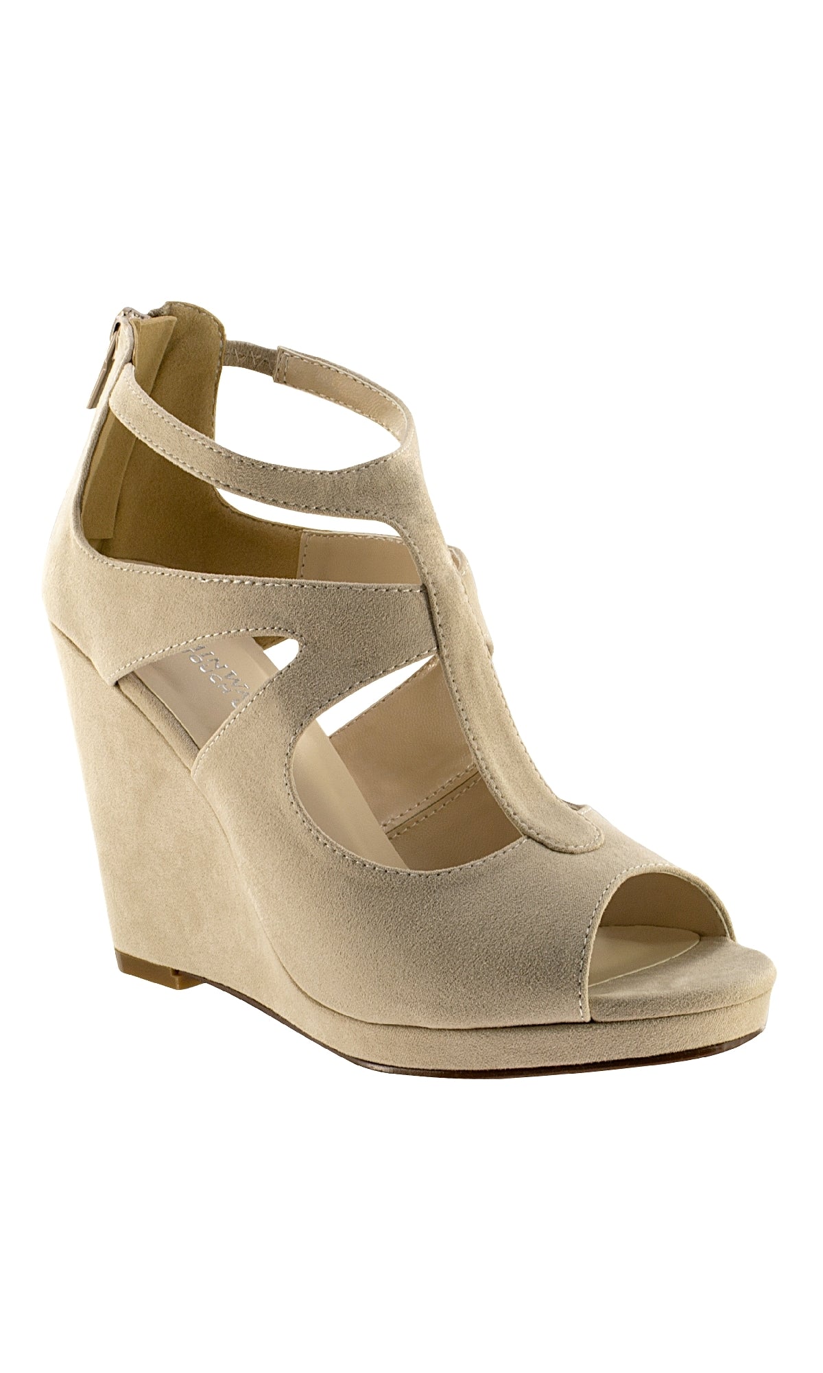 Rory Beige Wedge Prom Shoes: Touch Ups 4475—beige suede high-heel wedges featuring an open toe, T-strap design, cut-out sides, and a back zipper closure. Perfect elegant shoes for any occasion.